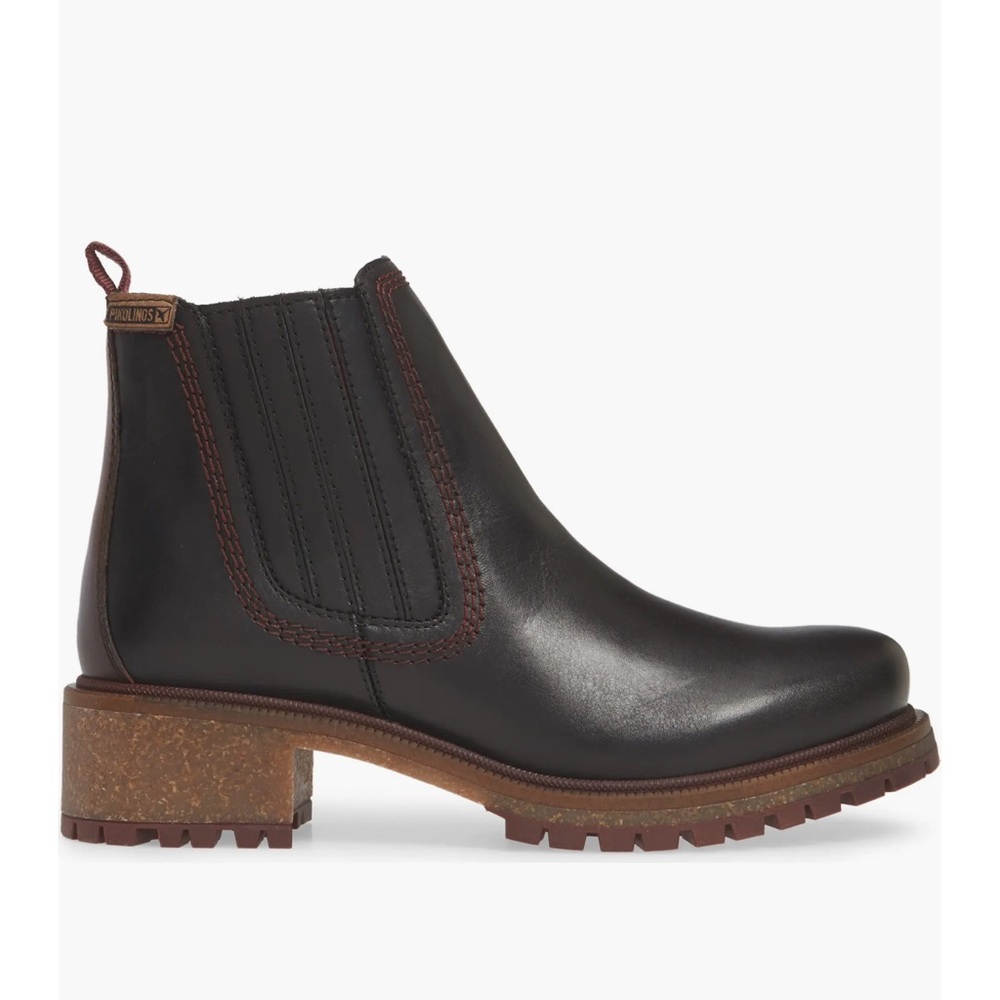 PIKOLINOS Black Leather Chelsea Ankle Boots with Brown Trim